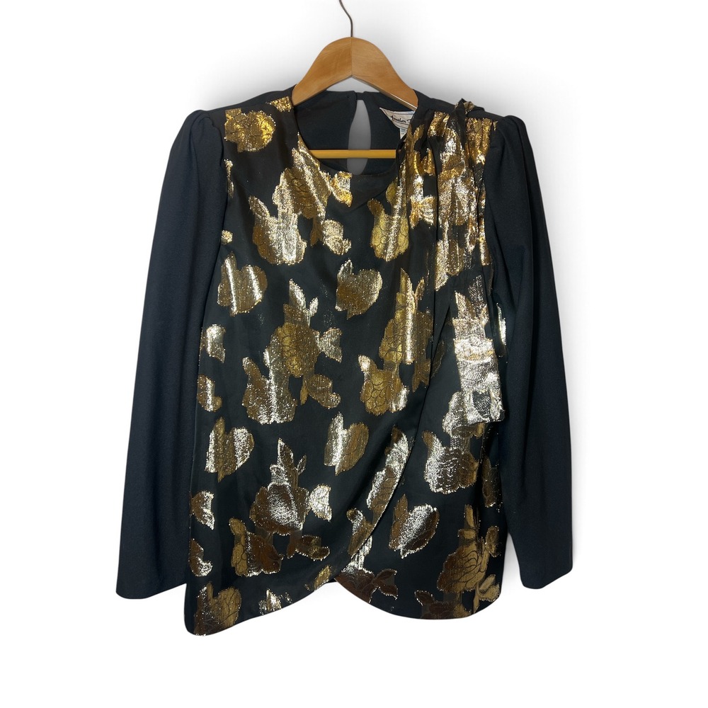 Another Thyme Vintage 80s Gold Metallic Floral Wrap Top Scarf Puff Sleeve 12